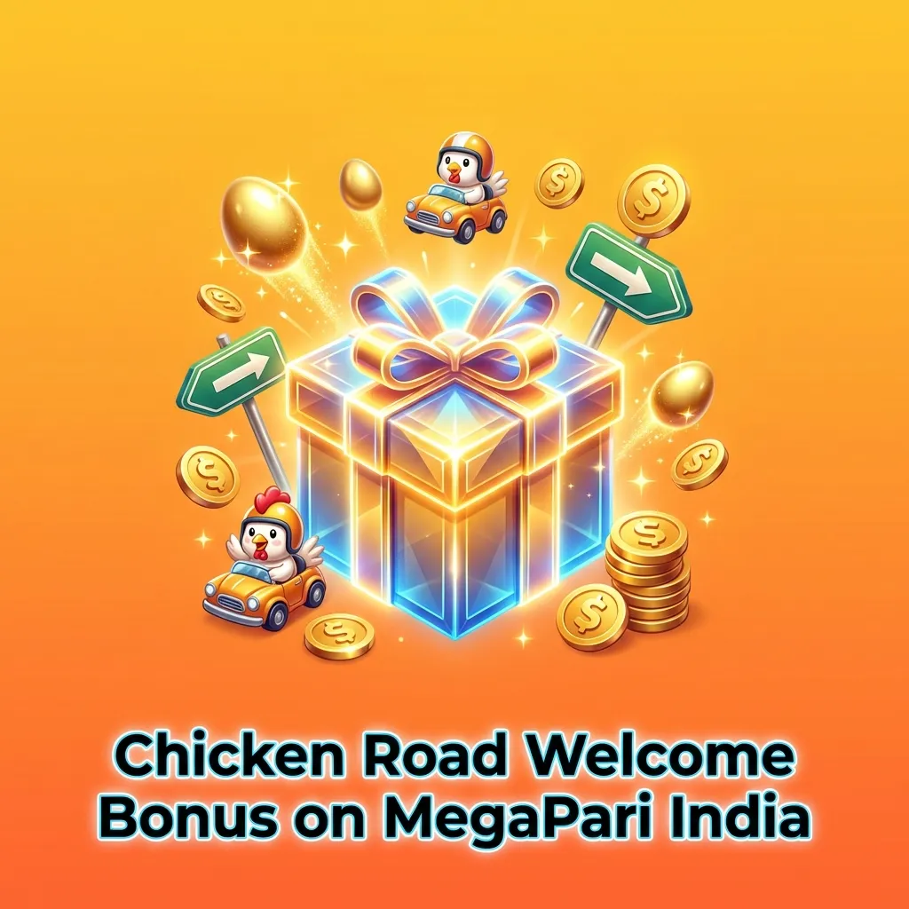 MegaPari India welcome bonus screen showing 100% match up to INR 40,000 for Chicken Road casino game