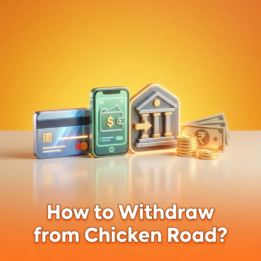 Step-by-step withdrawal process showing wallet icon, payment methods, amount entry, and confirmation on Chicken Road app